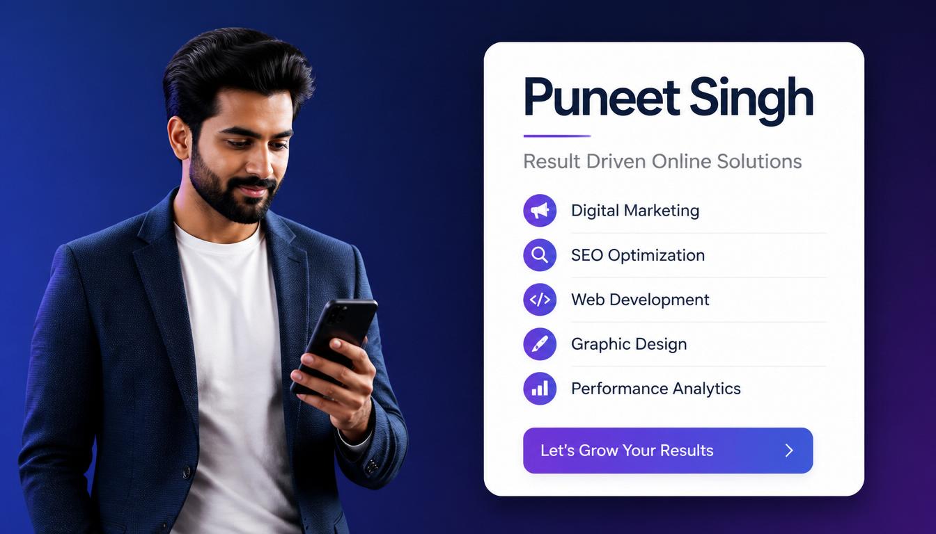 Premium Editorial Professional Banner for Puneet Singh. SUBJECT & ACTION A professional, confident young man with a visionary expression, looking at a sleek smartphone in a modern, well-lit tech-forward office environment. He is dressed in sharp, modern business casual attire. He embodies the persona of a driven, high-level consultant. LAYOUT (SWISS INTERNATIONAL STYLE) - A clean, balanced editorial layout with a clear visual hierarchy. - Left side Medium shot of the subject. - Right side A crisp, minimalist white UI design card featuring high-legibility sans-serif typography. UI CARD CONTENT - Header Puneet Singh - Sub-header Result Driven Online Solutions - Feature List Digital Marketing, SEO Optimization, Web Development, Graphic Design, Performance Analytics - CTA Let's Grow Your Results LIGHTING & ATMOSPHERE - High-contrast, sharp, directional studio lighting. - Aspirational, efficient, forward-thinking, high-end professional tech vibe. VISUAL STYLE & PALETTE - Background A deep, rich, professional corporate blue to deep purple gradient. - High-fidelity textures, sharp contours, premium B2B tech marketing aesthetic, polished, sharp, 8K ultra-detailed. CONSTRAINTS - No background clutter, no distorted UI elements, no blurry textures, no plastic surfaces, no watermarks, no deformed features. Professional, clean, and intentional design.