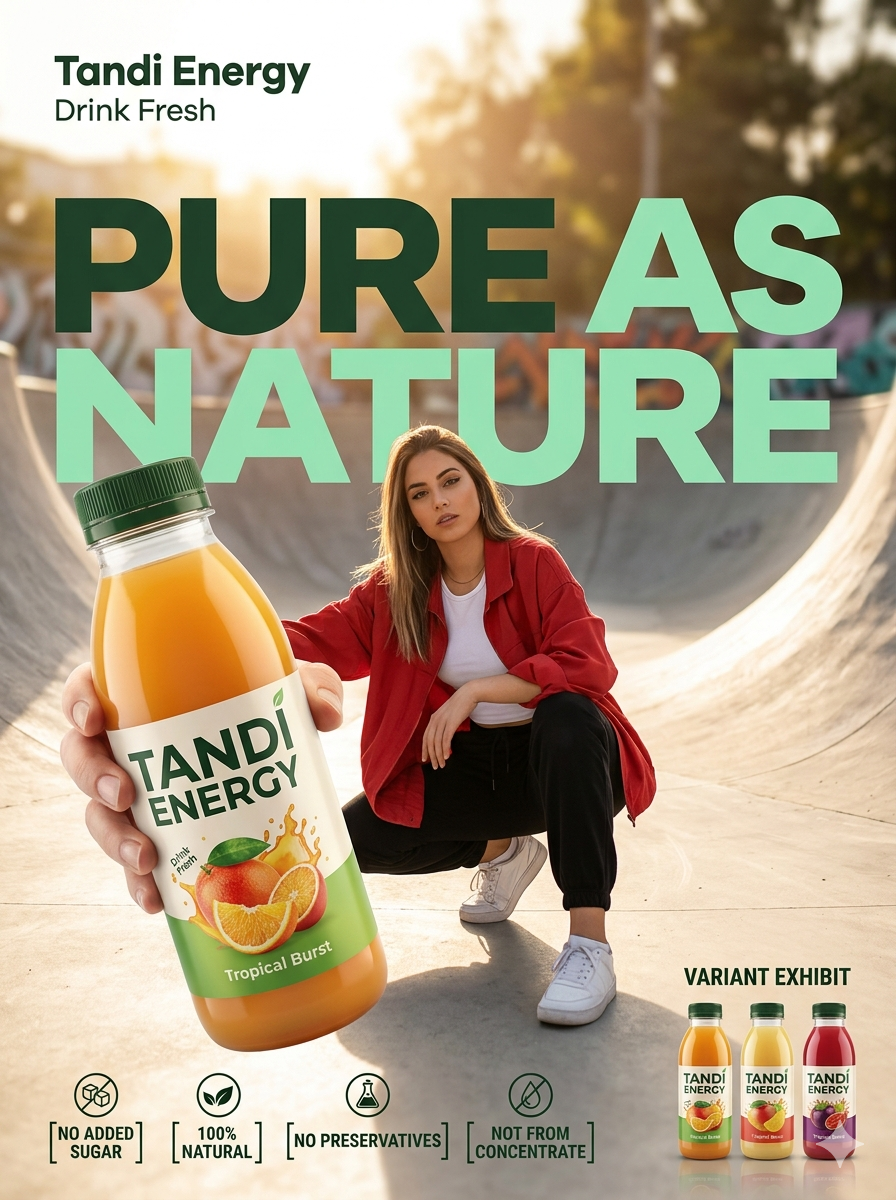 Premium modern beverage advertisement poster in a vertical 34 format, ultra-high resolution (8K), commercial billboard and social media advertising ready. 🧠 CORE IDEA Trendy streetwear lifestyle vibe highlighting product dominance and refreshing natural fruit energy. 🎬 MASTER COMPOSITION BACKGROUND Located in a sunny concrete skatepark with smooth curved ramps and warm golden hour sunlight filtering in, providing a vibrant mix of urban art and polished structural lines. 👤 MODEL Stylish young female model crouching confidently, wearing casual fashionable clothes such as a red oversized jacket, white inner top, black joggers, and white sneakers, looking directly at the camera with a cool confident expression. 🧴 PRODUCT HERO (FORCED PERSPECTIVE) In the foreground, a giant realistic fruit juice bottle is held toward the camera in heavy forced perspective, dominating the composition with sharp macro focus and glossy reflections. The packaging displays a completely fictional brand name Tandi Energy in bold modern typography. The bottle label features attractive custom fruit illustrations matching the variant flavor, displaying flavor text Tropical Burst. ✍️ TYPOGRAPHY SYSTEM - TOP LEFT BRANDING brand name layout with a catchy tagline Drink Fresh - MAIN CENTER HEADLINE Huge bold overlapping typography reading PURE AS NATURE rendered in contrasting colors (dark green and mint). 📦 FEATURE INFORMATION BADGES Below the main headline, include 4 clean minimalist icon-based feature badges arranged neatly in a row reading [NO ADDED SUGAR] [100% NATURAL] [NO PRESERVATIVES] [NOT FROM CONCENTRATE]. 📣 VARIANT EXHIBIT AREA At the bottom right corner, display three smaller bottle variants in different flavors, neatly arranged to showcase product lineup extension options under the Tandi Energy umbrella. 💡 LIGHTING & RENDER ENVIRONMENT Soft natural ambient lighting mixed with rich commercial studio polish, producing realistic contact shadows, shallow depth of field, sharp focus on foreground, blurred cinematic background elements, realistic glossy floor reflections, and a premium energetic eCommerce campaign aesthetic inspired by modern Instagram and professional billboard creative assets.