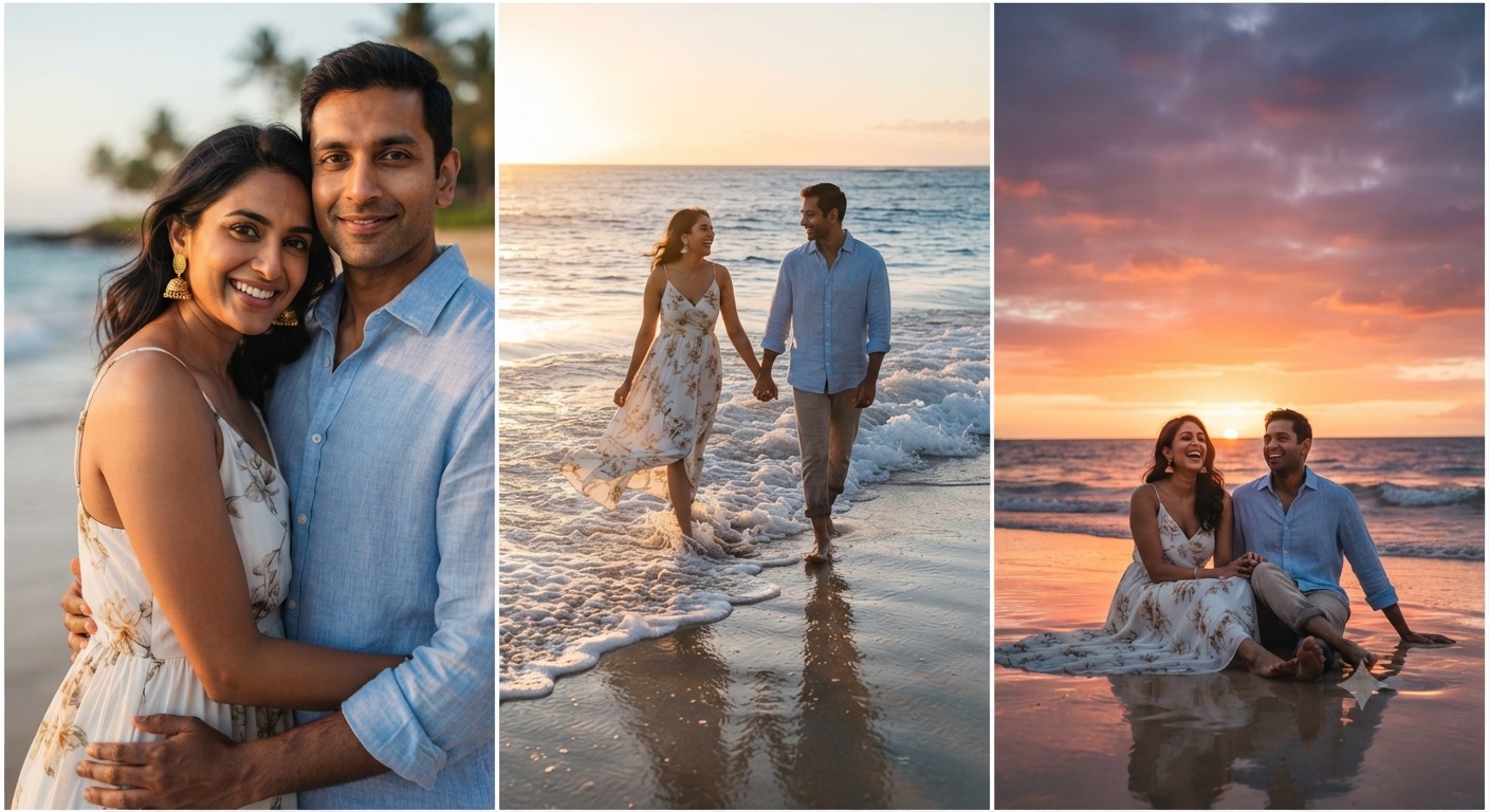 Ultra-realistic cinematic romantic beach collage